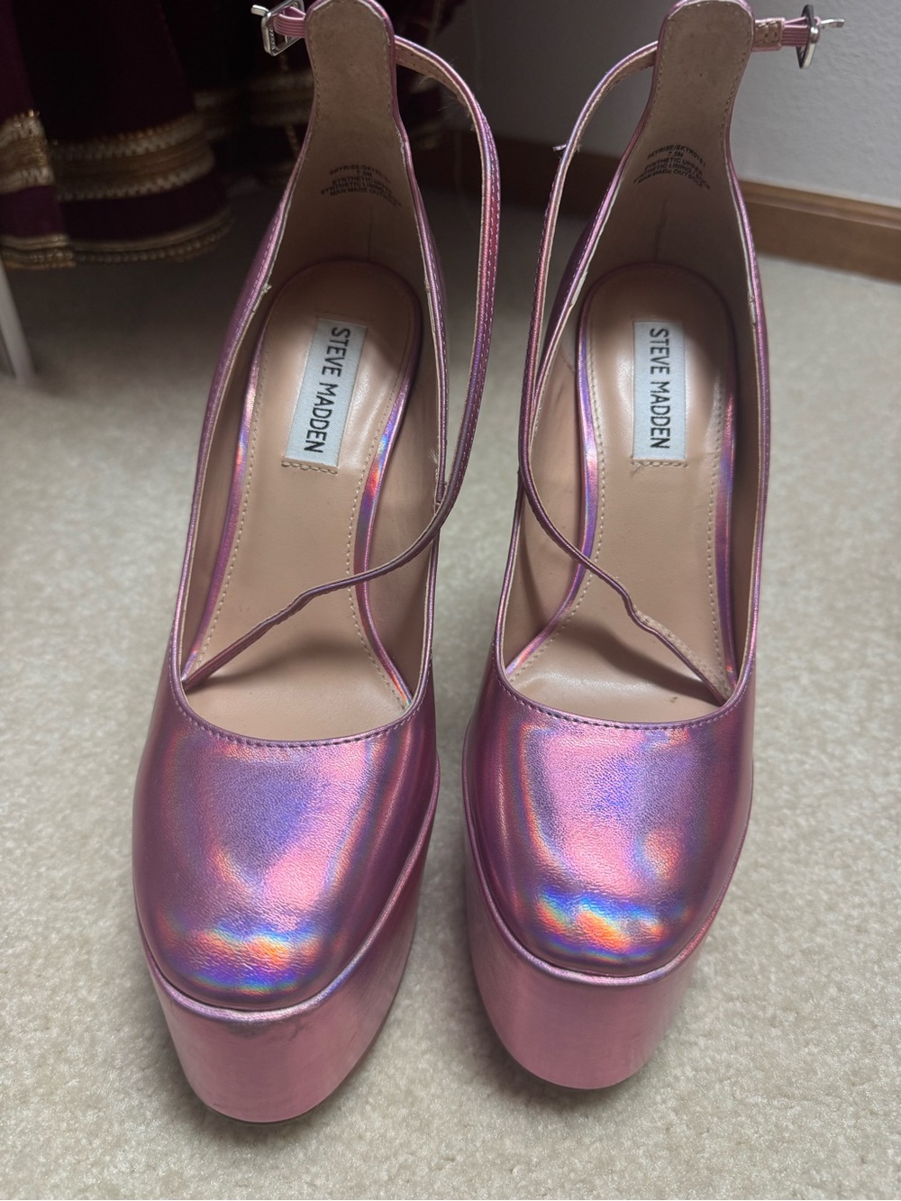 Steve Madden Pink Iridescent Platform Pumps with Ankle Strap